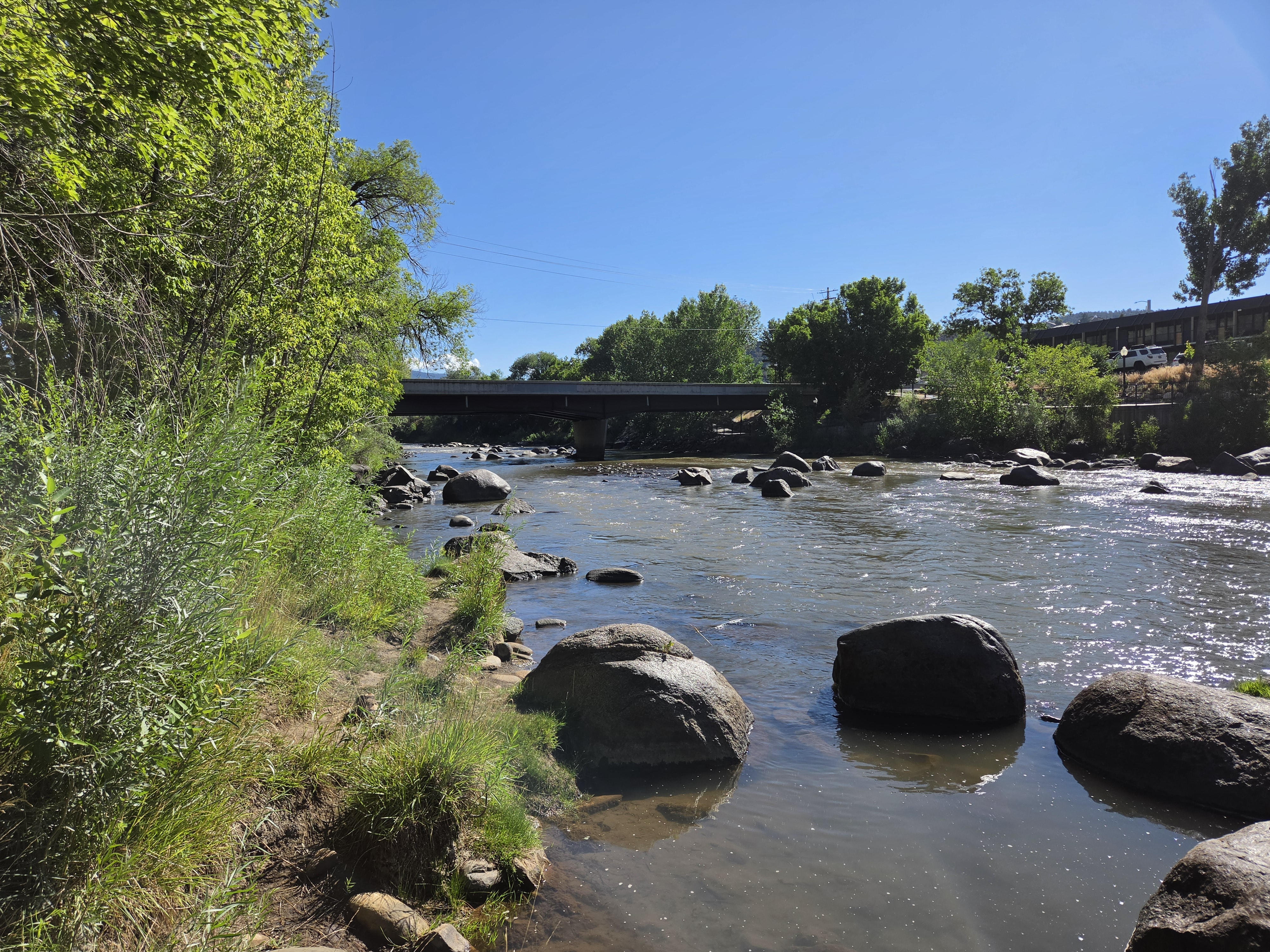 The Animas River in Durango, rocky banks and a bridge downstream