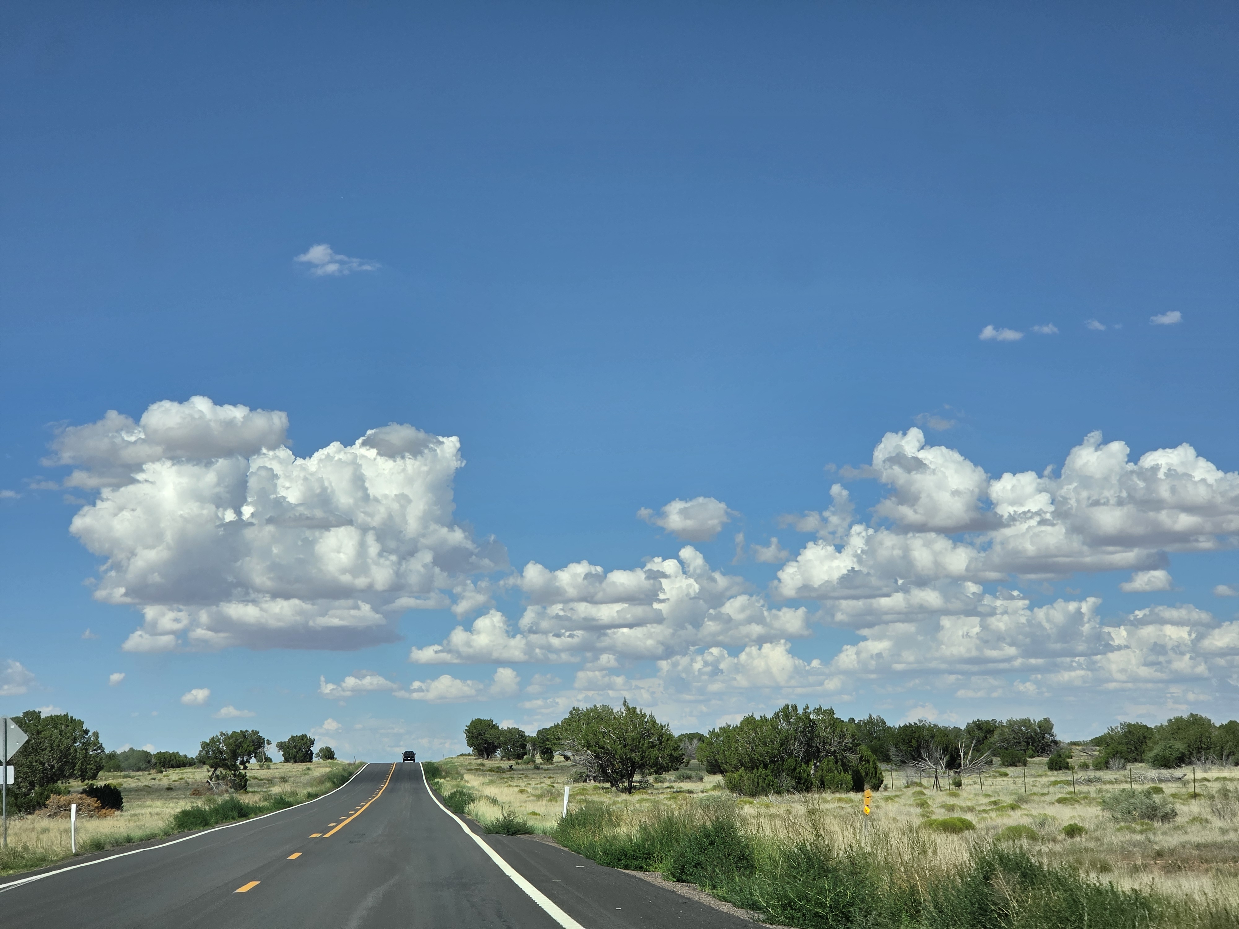 Two-lane highway through the green high country near Heber, big cumulus clouds overhead