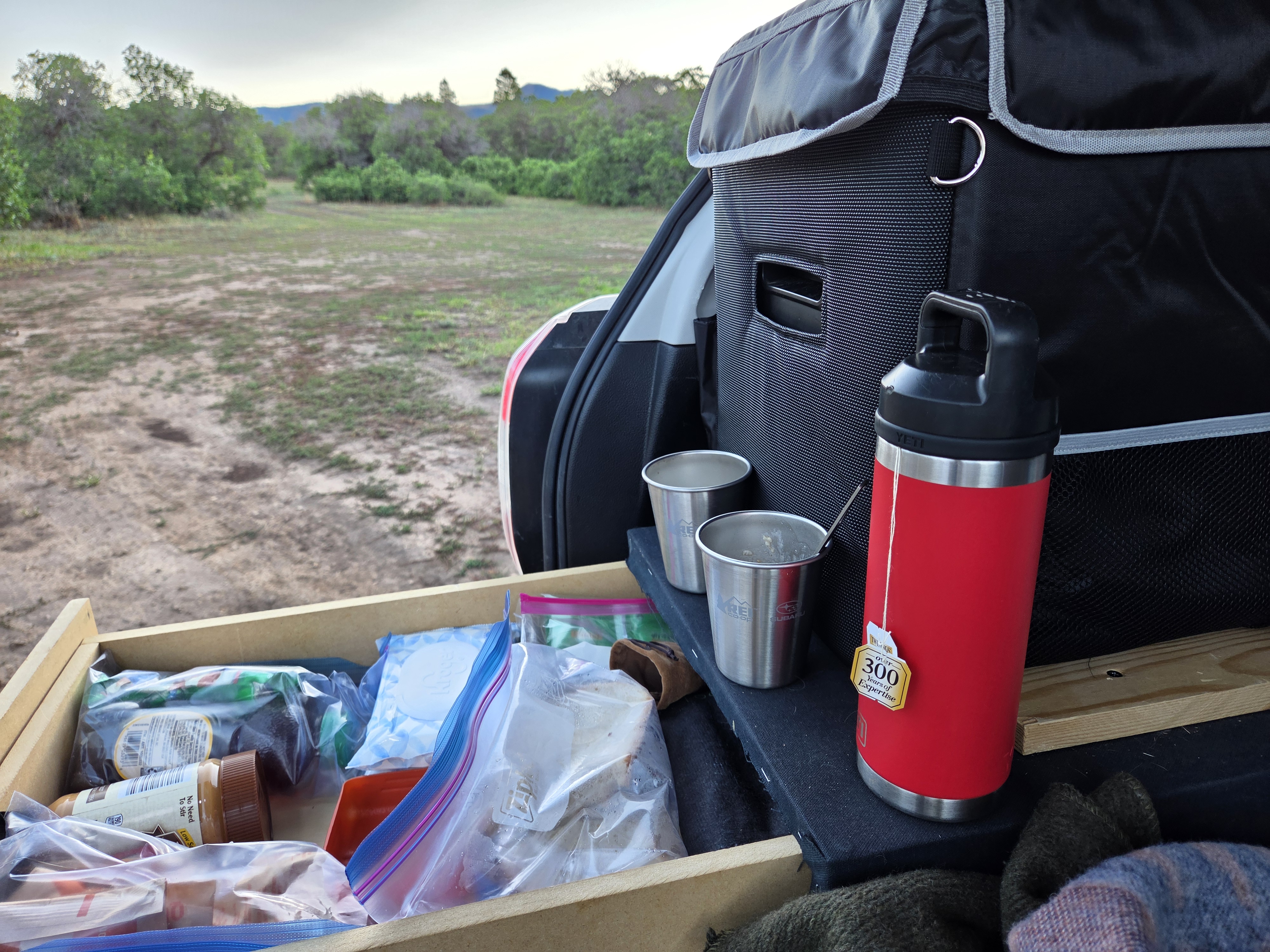 Tailgate kitchen open on the Forester — cooler, drawer slide, and the red thermos ready for tea