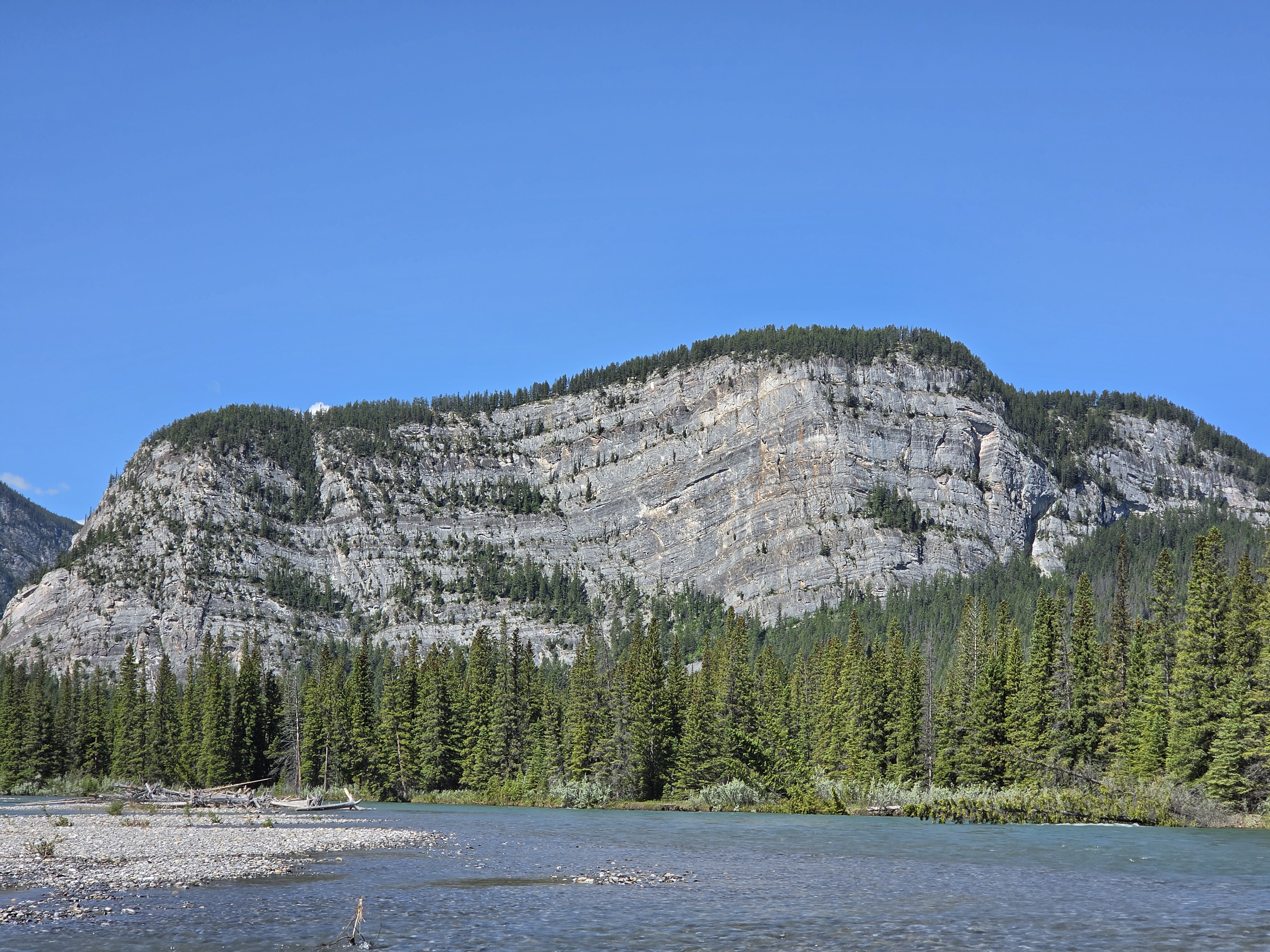 A flat-topped mountain standing over the river, dark forest along the banks
